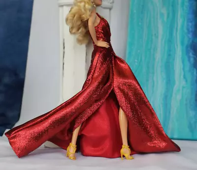 Red Evening Gown Metallic Formal Barbie Dress Clothes Model Muse Shoes Earrings • $19.99