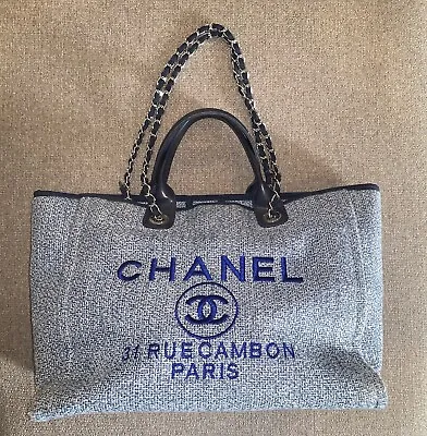 $2000 • Buy Chanel Blue Cloth Blue Leather Deauville Large Tote Bag.