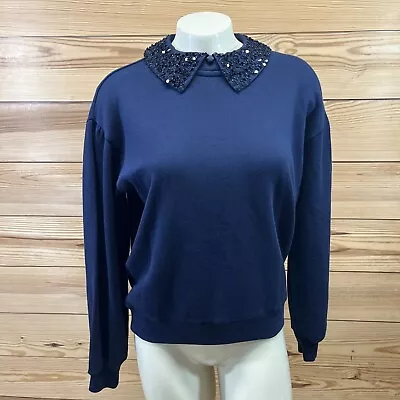 J Crew Crewneck Sweatshirt XS Crystal Embellished Collar Navy Blue NWT New B153 • $48.99