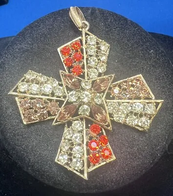 Vintage Gold Tone Orange Amber Yellow Rhinestone Maltese Cross Pendant • $16.95