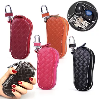 Men Genuine Leather Weave Auto Car Key Bag Pouch Remote Keychain Key Case Holder • $11.25