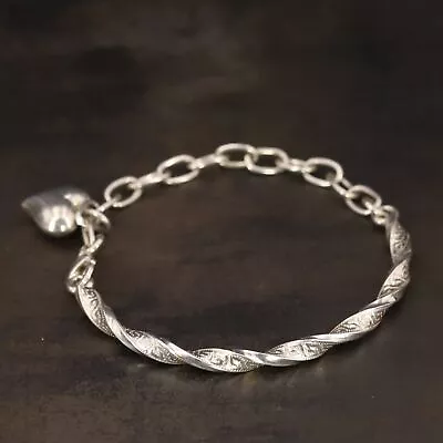 VTG Sterling Silver - ART DECO Greek Key Heart Charm 7  Chain Bar Bracelet - 9g • $2.99