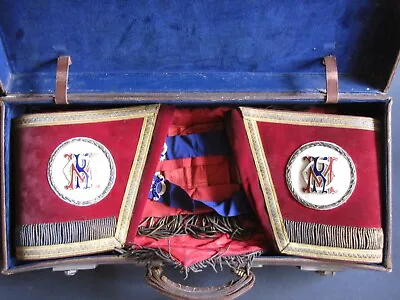 Antique Masonic Regalia Leather Case W J P Apron Sash Cuffs Jewels Mitcham Kom • £27.99