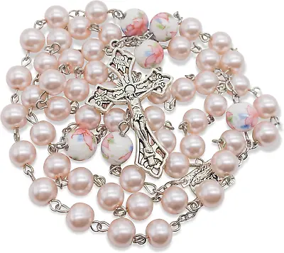 Pink Pearl Beads Rosary White Flowers Beaded Chaplet Necklace Lourdes Medal & Cr • £14.99