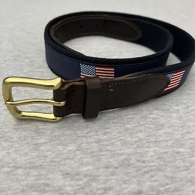 Vineyard Vines American Flag Blue Cotton Brown Leather Belt Brass Mens Size 34 • $29