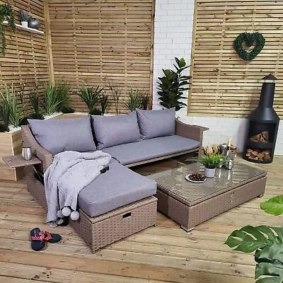 6 Seater 4PC Brown Rattan Garden Sofa Set Daybed Glass Table Rattan Furniture • £499.95