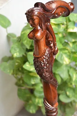 Mermaid Wooden Carved Walking Stick Cane Handmade Wood Crafted Comfortable • $112.24