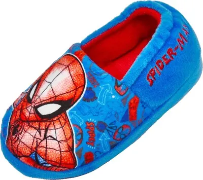 Kids Marvel Spiderman Slippers Plush Novelty Non Slip Shoe Blue Sizes UK 8-2 • £8.99