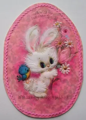 Bunny W Bluebird Flowers Glitter Embossed Vintage Easter Greeting Card *JJ6 • $8.99