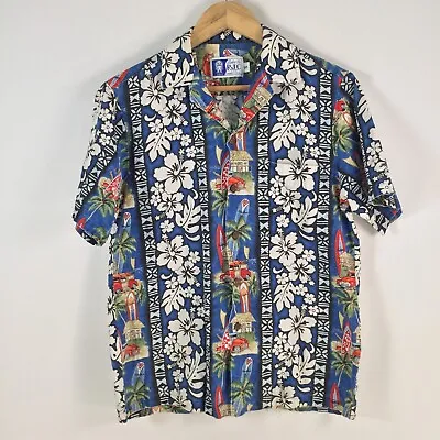 VINTAGE RJC Hawaii Mens Button Up Shirt Size S Floral Blue Short Sleeve 076143 • $39.95