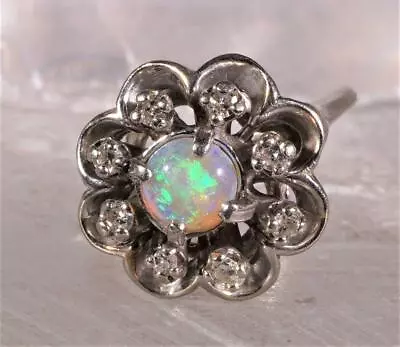 Vintage Opal & Diamond Halo Ring 14K White Gold Size 4.5 • $649.95