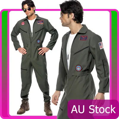 Mens Top Gun Costume Retro Men Aviator Pilot 1980s 80s Military Jumpsuit Outfit • $63.64
