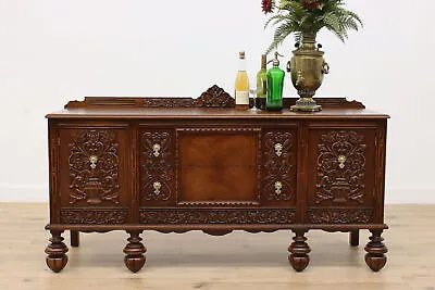Tudor Design Antique Carved Oak Sideboard Buffet TV Console #47380 • $1650