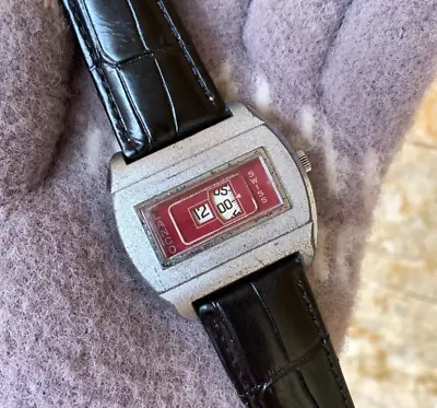 Lanco Disk Watch Jump Hour 1970's Vintage Space Age Red 41mm Squared Big Size • $314.50