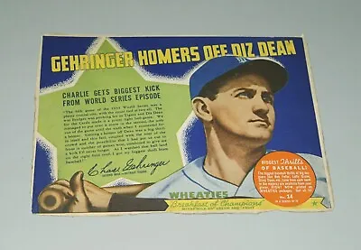 $24.50 • Buy 1934 - 1939 Series Wheaties Baseball Cereal Box Panel - Charlie Gehringer Tigers