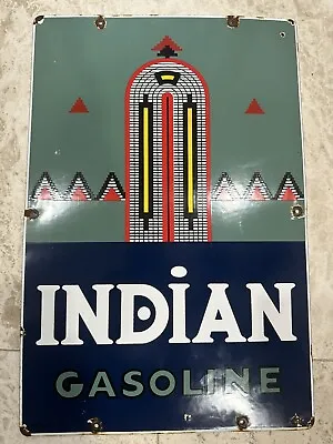 Vintage INDIAN GASOLINE PORCELAIN PUMP PLATE SIGN 12x18 TEXACO SSP Gas Station • $285
