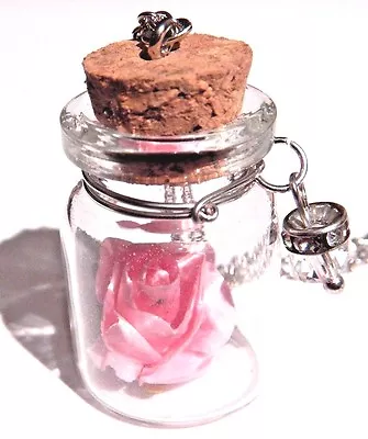 $7.99 • Buy PINK FLOWER WISHING JAR NECKLACE Bottle Vial Rose Pendant Love Spring Fairy D6