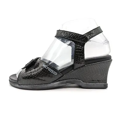 Mephisto Black Snake Print Leather Ankle Strap Open Toe Wedge Sandals US 6 EU 36 • $37.99