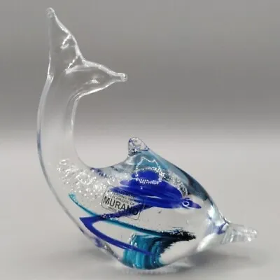 MURANO Style GLASS Dolphin FIGURINE CLEAR W/ BLUE & SILVER MADE IN ITALY #173 • $17.99