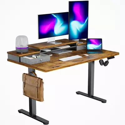  Rustic Charm Electric Standing Desk - Adjustable Height Double Drawers Storag • $215.62