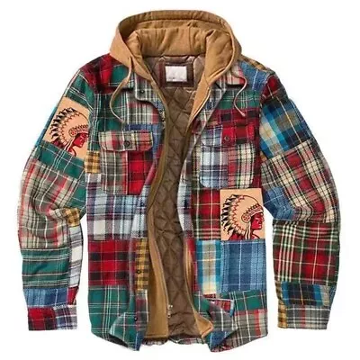 Mens Heavy Fleece Lined Sherpa Plaid Flannel Hoodie Hood Sweatshirts Coat Jacket • $58.55