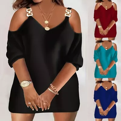 Women Cold Shoulder V Neck Mini Dress Summer Holiday Sundress Plus Size 20-26 • £12.29