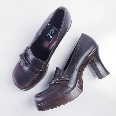 Vintage 90s Y2K LEI Chunky Heeled Buckle Loafer  Platform Heel Brown  Size 7 • $64.99