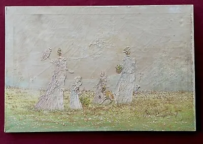 Vtg Marie Charlot Painting • Bucolic Field Scene  Ladies And Children 24 X 36 • $185
