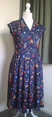LADY VINTAGE Blue FIT & FLARE Dress SIZE 16 Made In UK Lindy Hop BNWT • £24.99