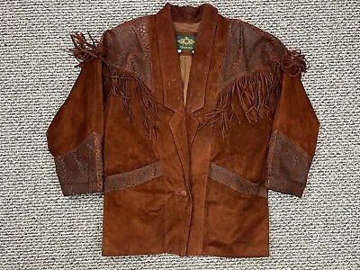 Vintage Avanti Jacket Womens M Brown Pig Suede Cheetah Print Fringe Button Lined • $69.95