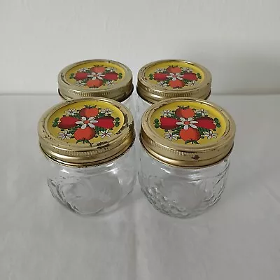 4 Vintage Kerr Country Kitchen Jelly Embossed Jars Decorated Lids 8 Ounce • $19.99