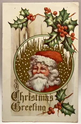 Santa Clause Holly & Berries Christmas Greetings Vintage Postcard • $2.95