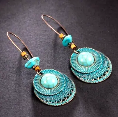 £3.39 • Buy Long Dangle Drop Boho Earrings Bronze And Turquoise Colour Vintage Womens UK