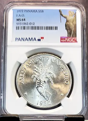 1972 Panama Silver 5 Balboas Fao Ngc Ms 64 Scarce Bright Bu Coin • $69.95