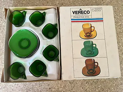 Vintage Vereco France Green Glass Square Demitasse Espresso Cup&Saucer Set Of 6 • $56.99