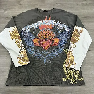 Ed Hardy Christian Audigier Long Sleeve T-Shirt Rhinestone Claddagh Heart Y2K • $69.99