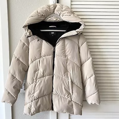 DKNY Womens Medium Puffer Jacket Coat Padded Quilted Hooded Velvet Cream Ivory • £62.67