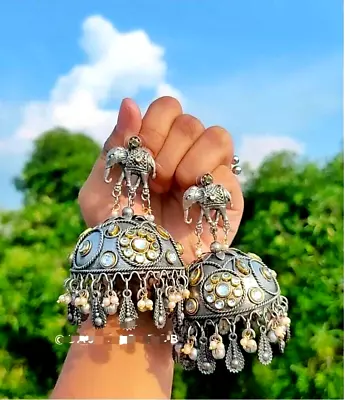 Designer Indian Bollywood Style Afghani Oxidised Silver Plated Jhumka Earrings • $22.61