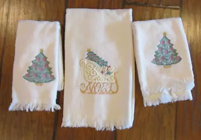 Vintage Christmas Towel Set 3 Pieces Ivory Appliqués Santa Sled Christmas Tree • $14.99