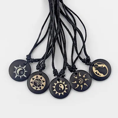 Tibetan Yak Bone Necklace Yin Yang Sun Moon Wolf Sign Pendant Black Wax Cord • £3.59