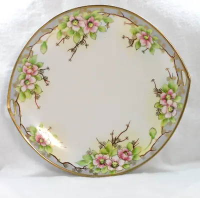 Antique Nippon Hand Painted Cherry Blossom Edge Round Handled Plate Gold Accents • $12