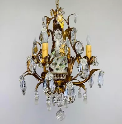 Antique Vintage French Crystal Beaded Gold Gilt Tole Chandelier Bird Birdcage • $2200