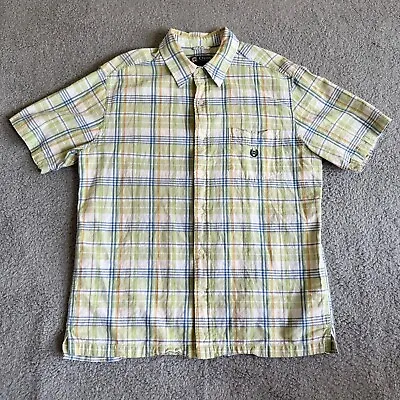 Chaps Mens Button Front Shirt Size Large Linen Green White Plaid Short Sleeve • $20.14