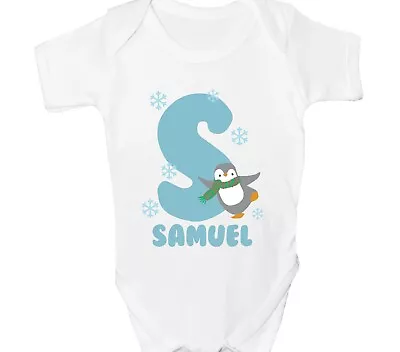 Personalised Christmas Baby Grow Boys Girls Any Name First Xmas Penguin Gift • £6.99