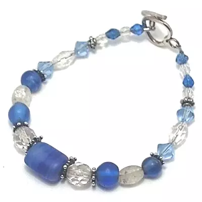 Women Blue Oval Bead Bracelet Stone Layers Silver Tone Closer Oval Tan • $7.93