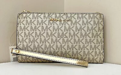 New Michael Kors Jet Set Travel Double Zip Wallet PVC Pale Gold  • $67.90