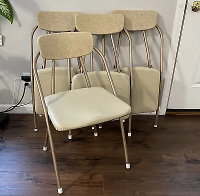 Vtg Cosco Atomic Metal Folding Chairs  4 TAN V MID CENTURY MODERN LOT OF 4 MCM • $99.99