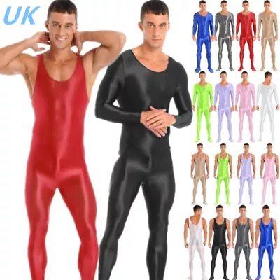 Mens Glossy Stretchy Bodysuit Jumpsuit Solid Color Bodystocking Shapewear • £9.99