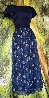 Vintage Blue Stretch  Satin Dress Chiffon Floral 1950s Floaty Skirt VGC UK M • £11