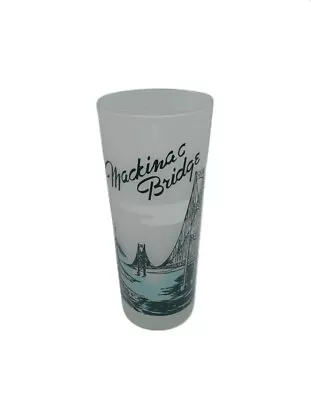 Vintage Frosted Glass Tumbler Michigan Mackinac Bridge Graphics 6 3/4  Tall • $11.99